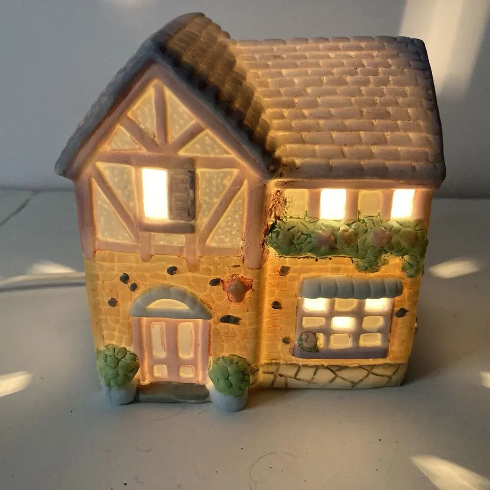 Lighthouse Cobblestone Home Village House 4” x 5” Vintage Light-Up Decor Shelf